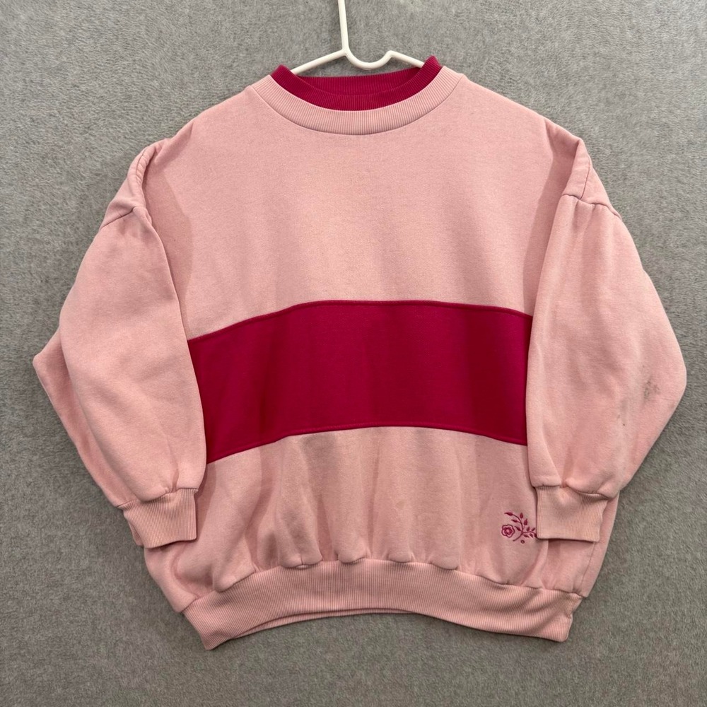 Pink Colorblock Oversized Crewneck Sweatshirt Embroidered Rose Y2K